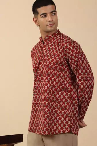 floral printed jaipuri  cotton red short kurta