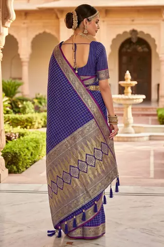 Royal blue soft  silk with zari weaving chex &  rich pallu with contrast silk blouse