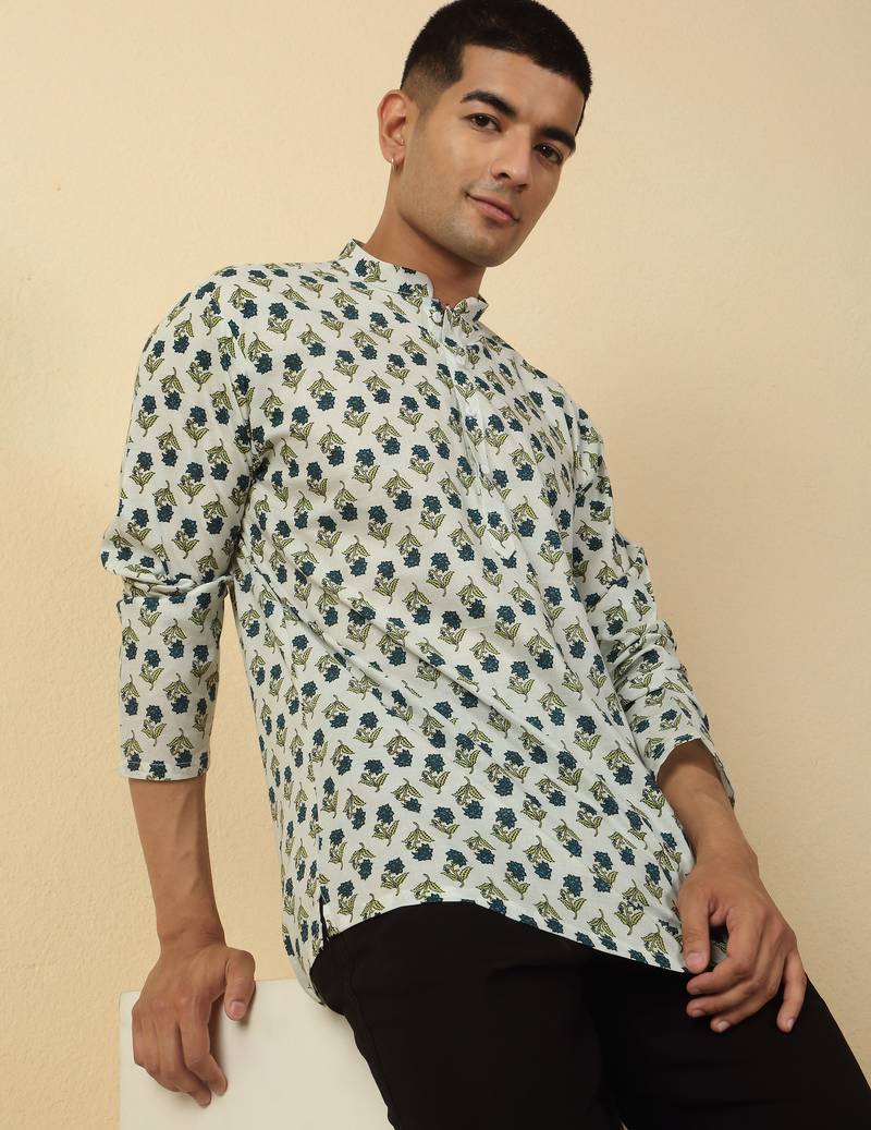 white floral jaipuri printed  cotton short kurta