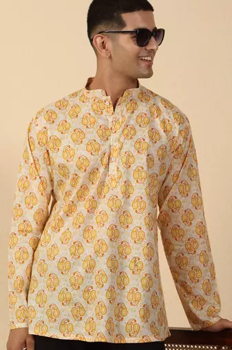 yellow paisley motifs printed jaipuri  cotton short kurta
