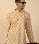 yellow paisley motifs printed jaipuri  cotton short kurta