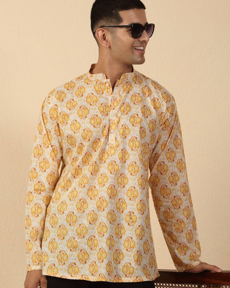 yellow paisley motifs printed jaipuri  cotton short kurta