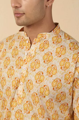 yellow paisley motifs printed jaipuri  cotton short kurta
