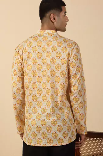 yellow paisley motifs printed jaipuri  cotton short kurta