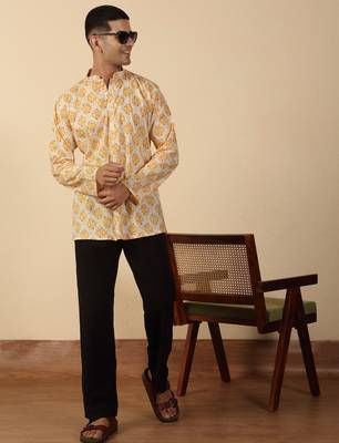 yellow paisley motifs printed jaipuri  cotton short kurta 4
