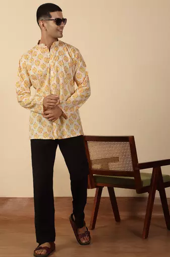 yellow paisley motifs printed jaipuri  cotton short kurta