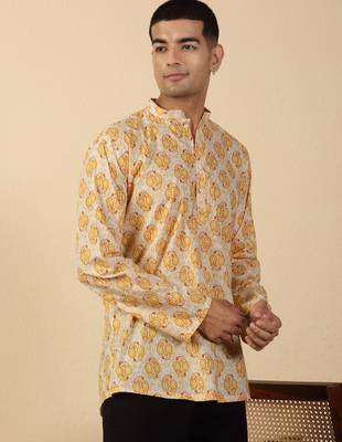 yellow paisley motifs printed jaipuri  cotton short kurta 5