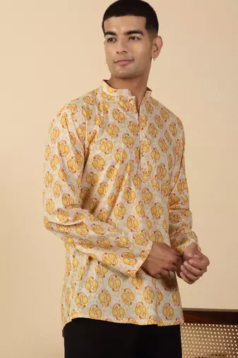 yellow paisley motifs printed jaipuri  cotton short kurta
