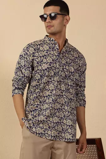   cotton floral printed short kurta – blue