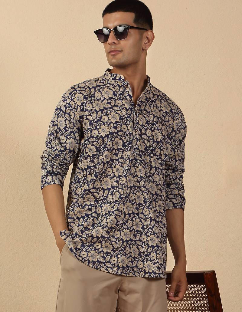   cotton floral printed short kurta – blue
