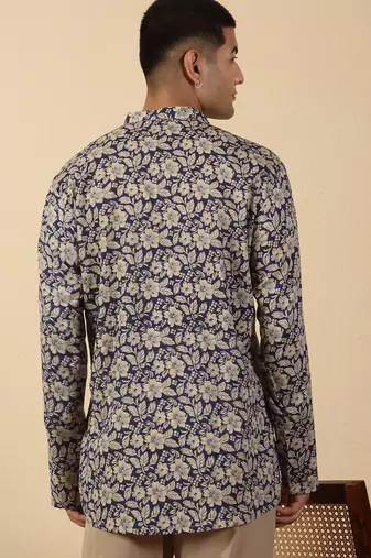   cotton floral printed short kurta – blue