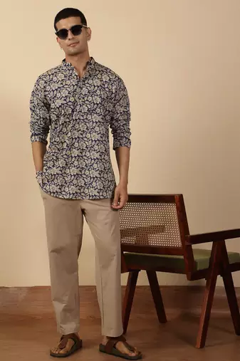   cotton floral printed short kurta – blue