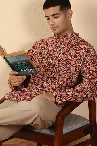   cotton floral printed short kurta – maroon