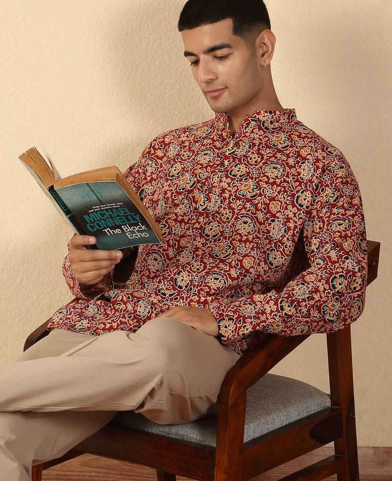   cotton floral printed short kurta – maroon