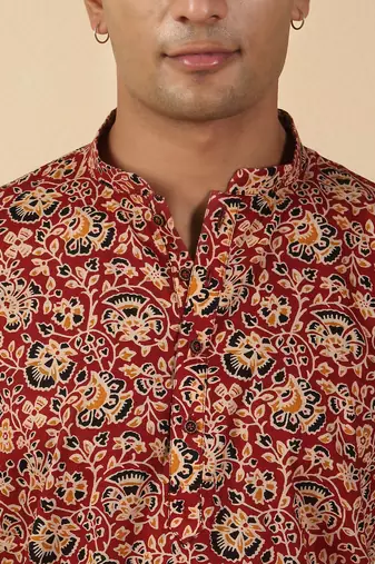   cotton floral printed short kurta – maroon