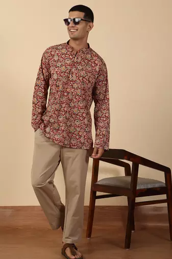   cotton floral printed short kurta – maroon