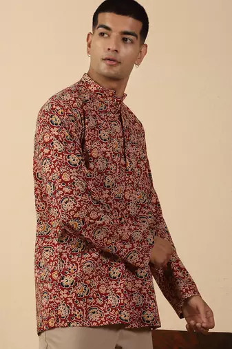   cotton floral printed short kurta – maroon