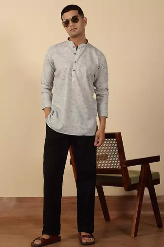 khadi cotton grey solid short kurta