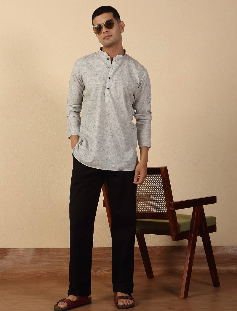 khadi cotton grey solid short kurta