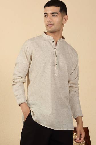 khadi cotton beige solid short kurta
