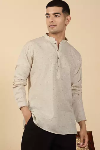 khadi cotton beige solid short kurta
