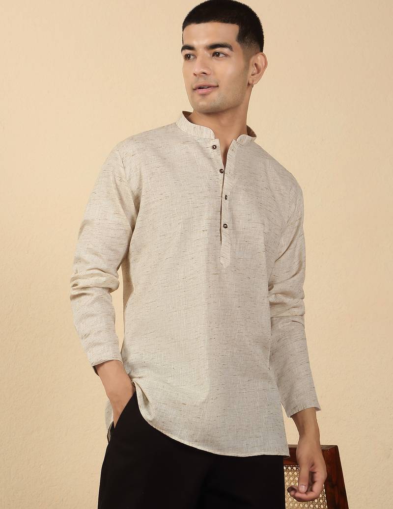 khadi cotton beige solid short kurta