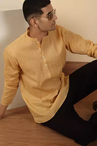 cotton striped beige short kurta