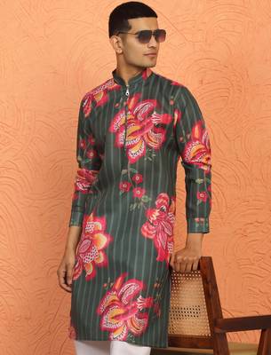 floral printed green cotton kurta with zip closure 1