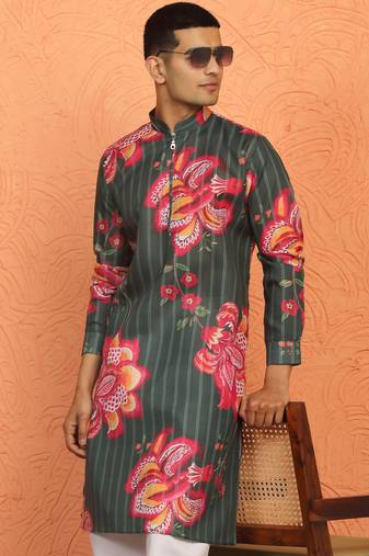 floral printed green cotton kurta with zip closure