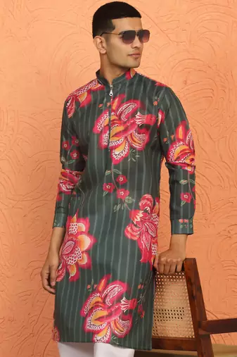 floral printed green cotton kurta with zip closure