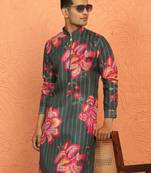 floral printed green cotton kurta with zip closure