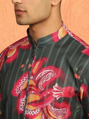 floral printed green cotton kurta with zip closure 2