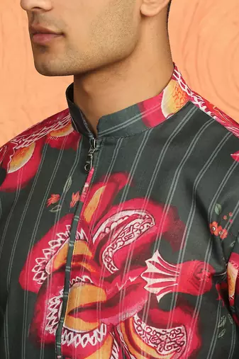 floral printed green cotton kurta with zip closure