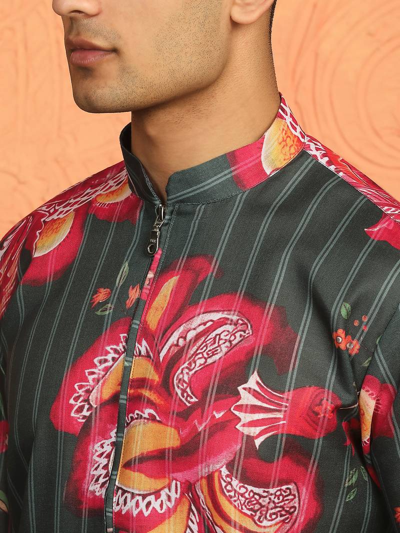 floral printed green cotton kurta with zip closure