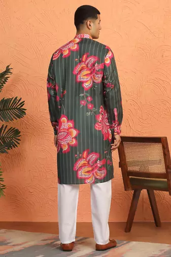 floral printed green cotton kurta with zip closure