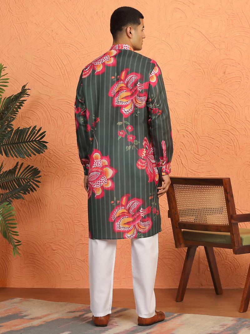 floral printed green cotton kurta with zip closure