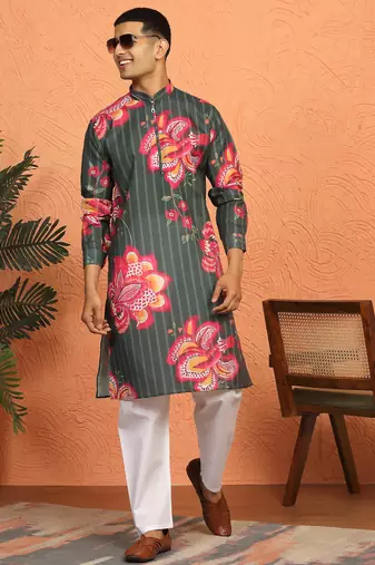 floral printed green cotton kurta with zip closure