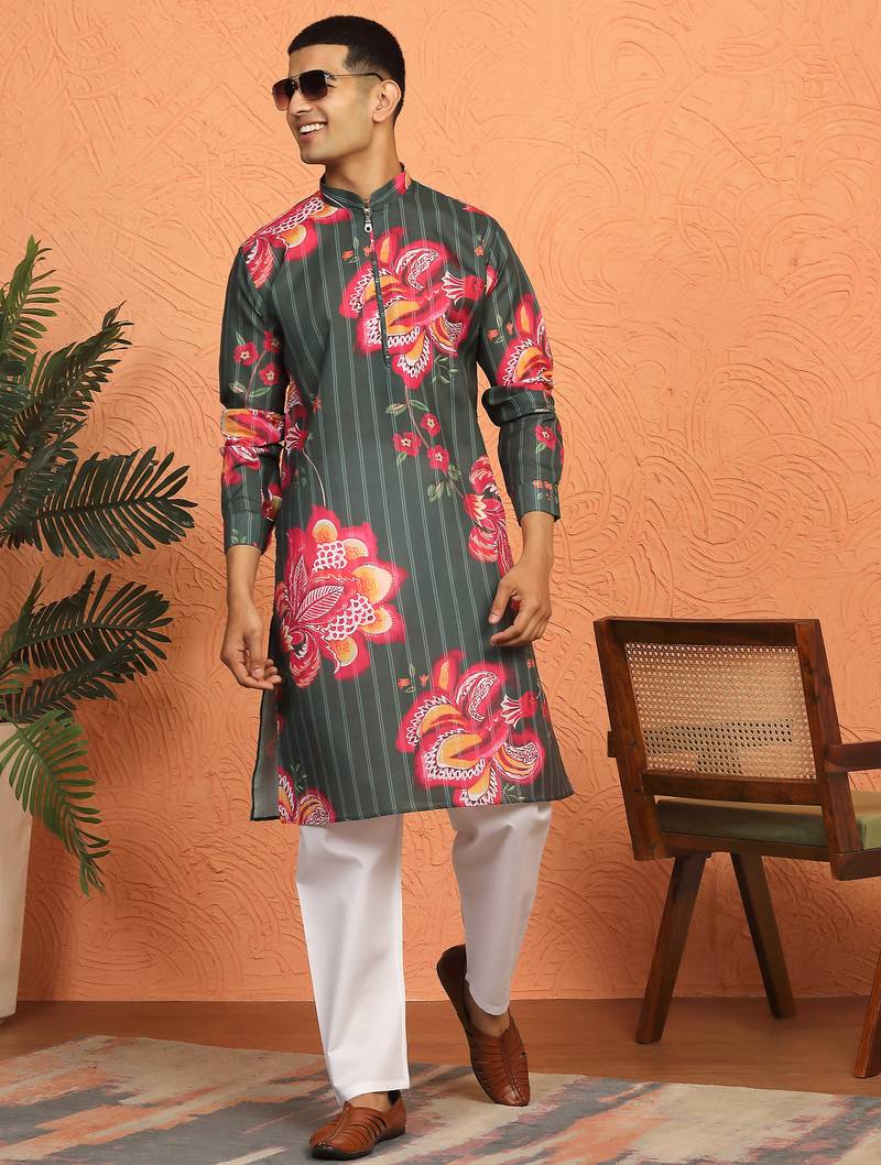 floral printed green cotton kurta with zip closure