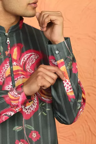 floral printed green cotton kurta with zip closure