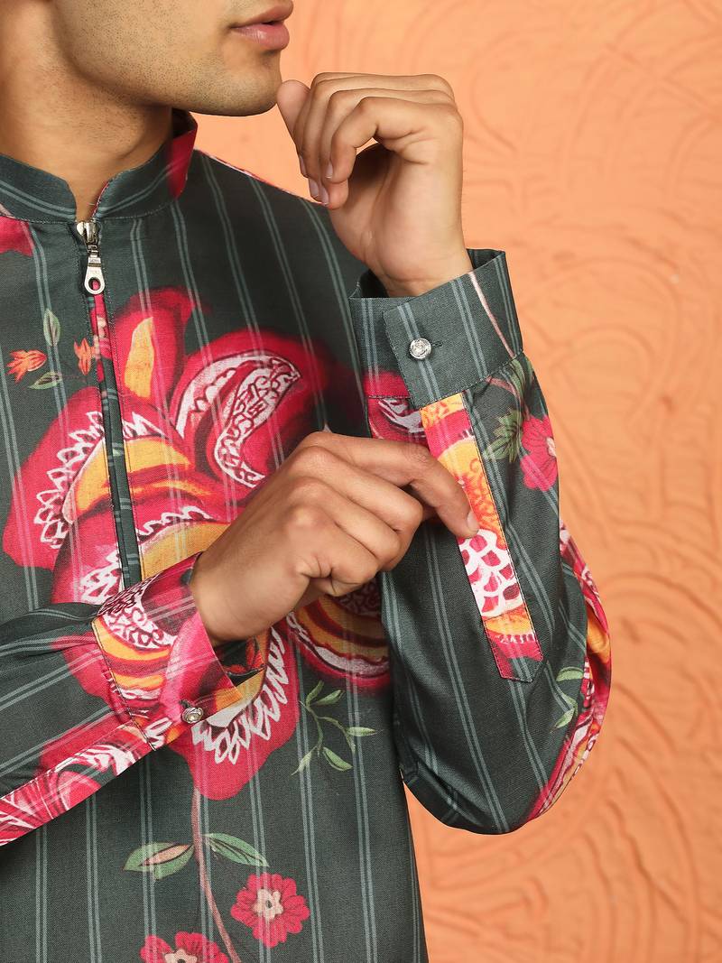 floral printed green cotton kurta with zip closure