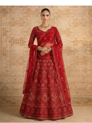 Red Butterfly Net fabric with Embroidered, Resham, Sequence, Thread work Lehengas For Your Wedding Look 1