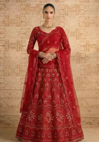 Red Butterfly Net fabric with Embroidered, Resham, Sequence, Thread work Lehengas For Your Wedding Look