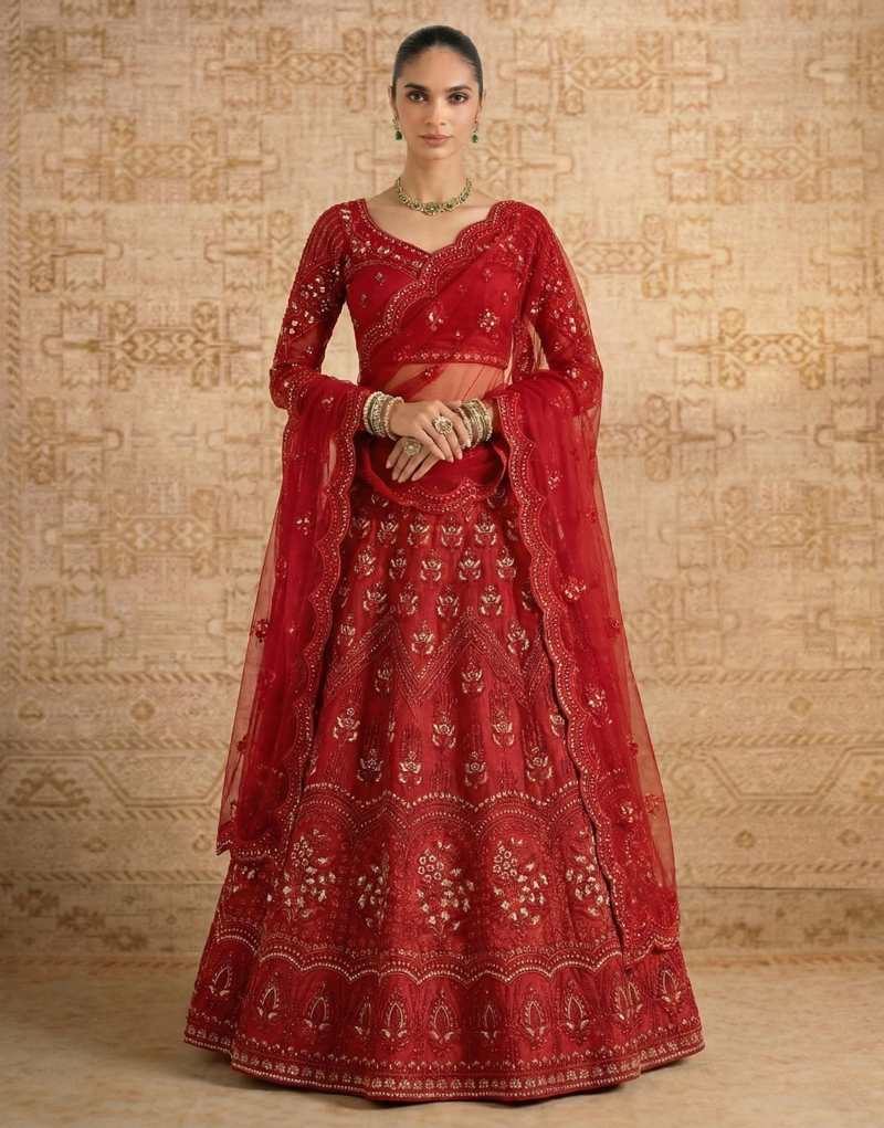 Red Butterfly Net fabric with Embroidered, Resham, Sequence, Thread work Lehengas For Your Wedding Look