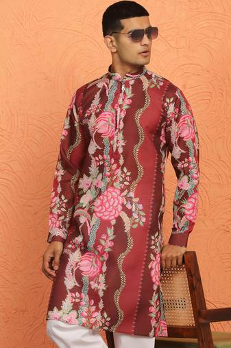 maroon cotton floral print zip kurta