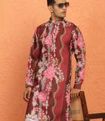 floral printed maroon cotton kurta with zip closure