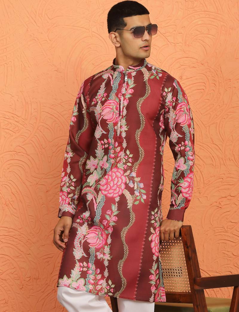floral printed maroon cotton kurta with zip closure