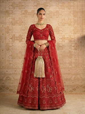 Red Butterfly Net fabric with Embroidered, Resham, Sequence, Thread work Lehengas For Your Wedding Look 2