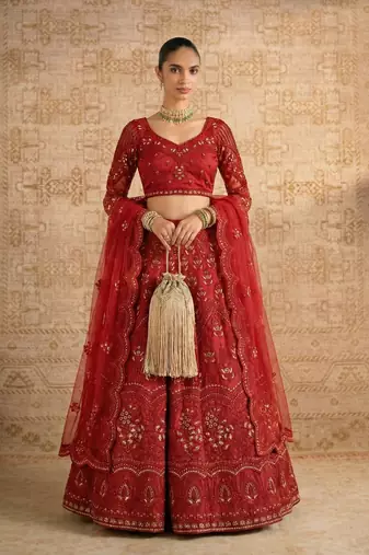 Red Butterfly Net fabric with Embroidered, Resham, Sequence, Thread work Lehengas For Your Wedding Look