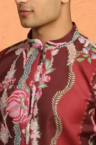 floral printed maroon cotton kurta with zip closure