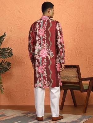 floral printed maroon cotton kurta with zip closure 3